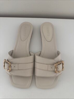 SCHUTZ Cream Slide Mules with Gold Buckle